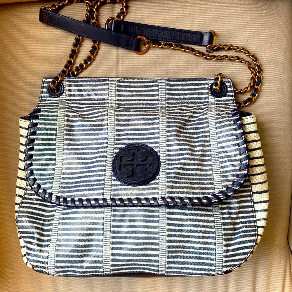 Navy blue and white striped leather Tory Burch shoulder bag (crossbody too)